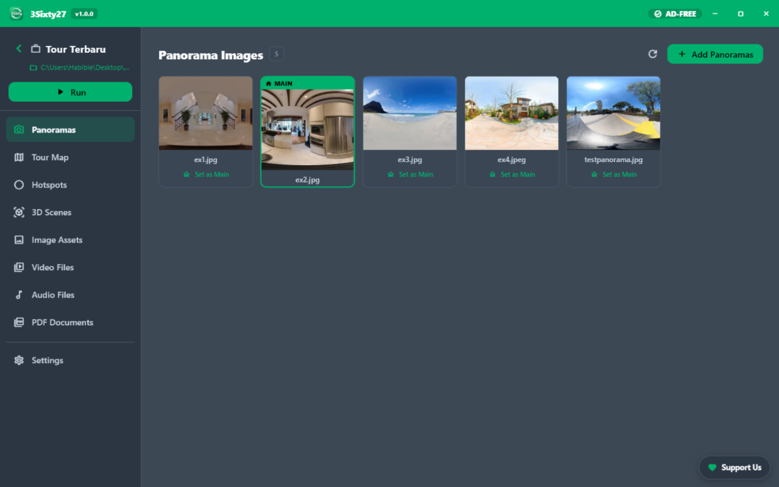 3Sixty Studio tour editor on Windows and Mac, showing a panorama with hotspots and a tour map panel